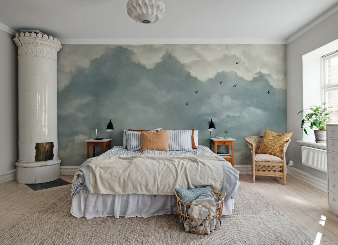 Rebel Walls R20993 Poetic Sky of Clouds Blue Birds - mural w ręcznie malowany pejzaż nieba