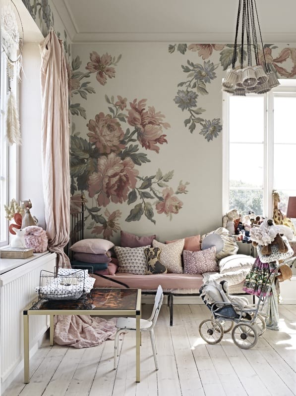 Rebel Walls R20990 Poetic Vintage Bow Pink - mural w kwiaty w stylu vintage