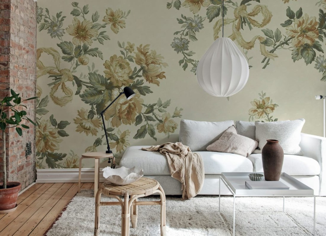 Rebel Walls R20991 Poetic Vintage Bow Yellow - mural w kwiaty w stylu vintage