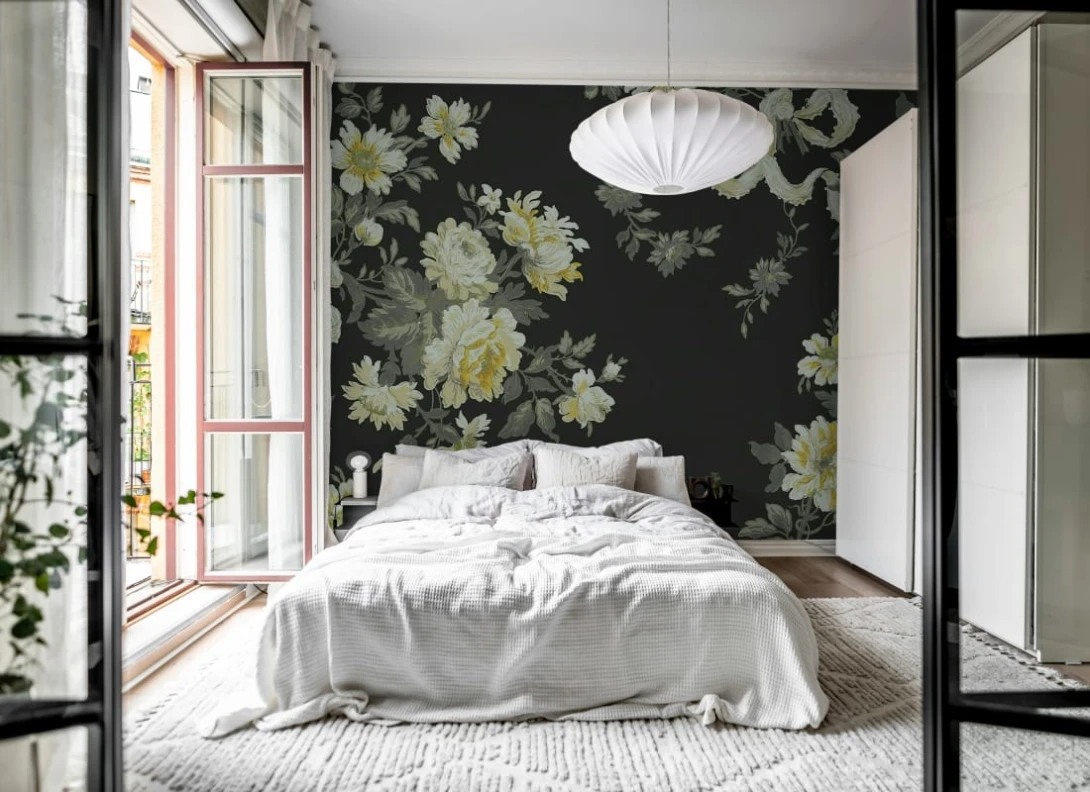 Rebel Walls R20992 Poetic Vintage Bow Black - mural w kwiaty w stylu vintage
