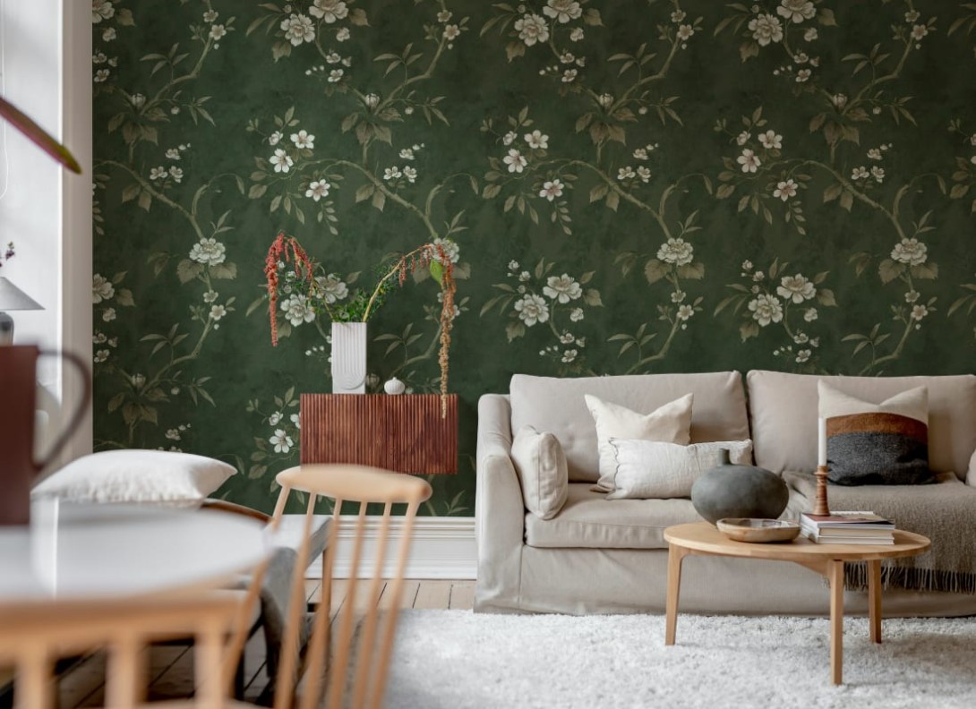 Rebel Walls R20986 Poetic Poetic Flora Green - mural w ręcznie malowane gałęzie i kwiaty