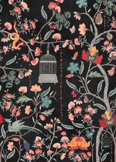 Rebel Walls R20977 Poetic Mystic Garden Black - mural w smoki i kwiaty