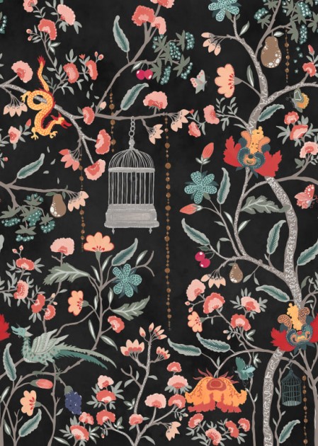 Rebel Walls R20977 Poetic Mystic Garden Black - mural w smoki i kwiaty
