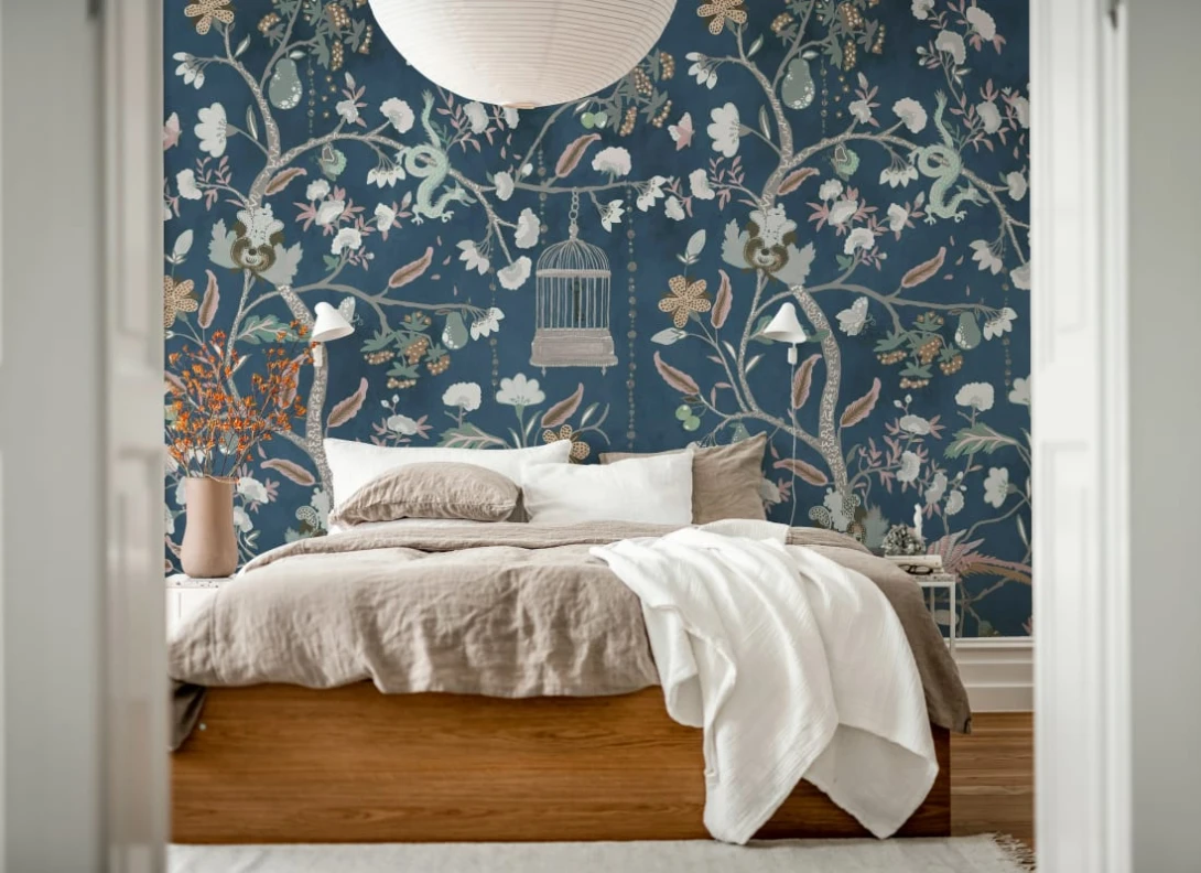 Rebel Walls R20975 Poetic Mystic Garden Dark Blue - mural w smoki i kwiaty