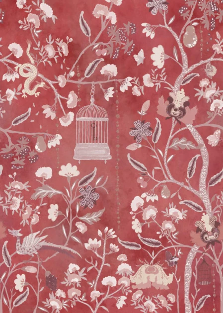 Rebel Walls R20972 Poetic Mystic Garden Red - mural w smoki i kwiaty