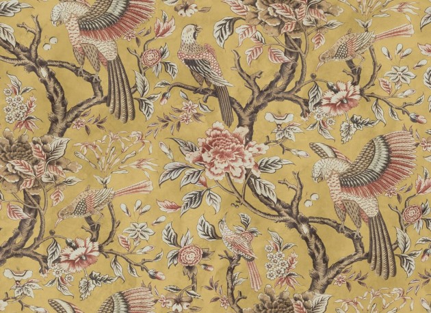 Rebel Walls R20970 Poetic Wings in Bloom Yellow - mural w ptaki i kwiaty o fakturze tkaniny