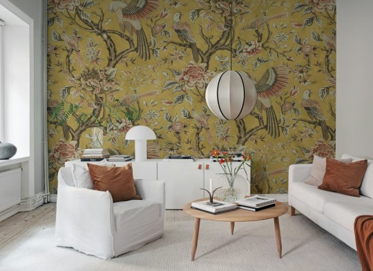 Rebel Walls R20970 Poetic Wings in Bloom Yellow - mural w ptaki i kwiaty o fakturze tkaniny