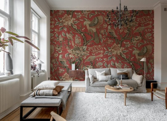 Rebel Walls R20968 Poetic Wings in Bloom Red - mural w ptaki i kwiaty o fakturze tkaniny