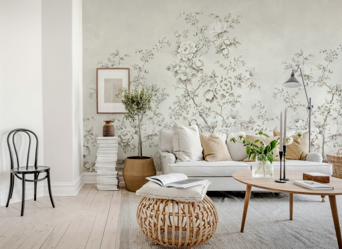 Rebel Walls R20357 Poetic Floral Chinoiserie Gray - mural w kwiaty w stylu chinoiserie