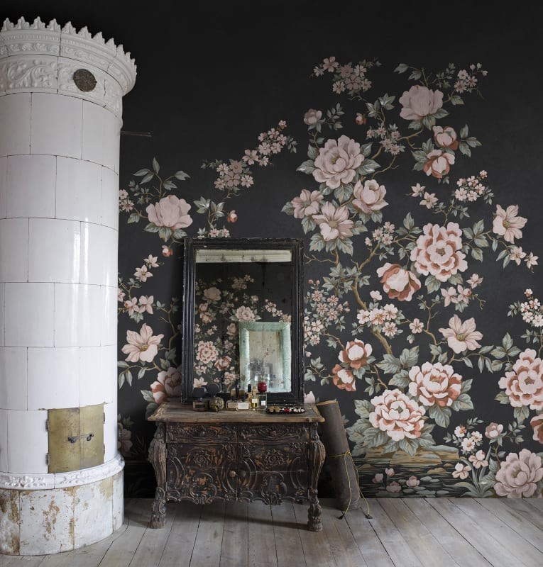 Rebel Walls R20354 Poetic Floral Chinoiserie Black - mural w kwiaty w stylu chinoiserie