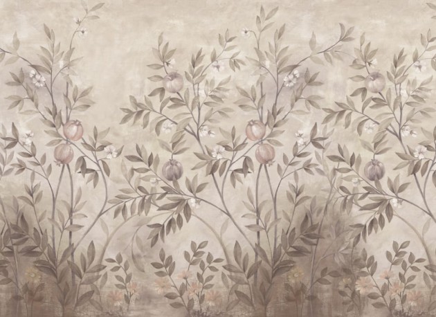 Rebel Walls R20353 Poetic Pome Greenery Rust - mural w drzewa owocowe w stylu chinoiserie