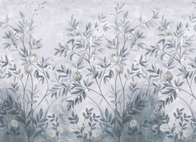 Rebel Walls R20346 Poetic Pome Greenery Blue - mural w drzewa owocowe w stylu chinoiserie
