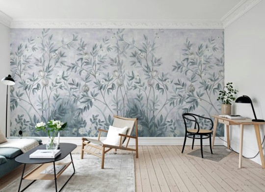 Rebel Walls R20346 Poetic Pome Greenery Blue - mural w drzewa owocowe w stylu chinoiserie