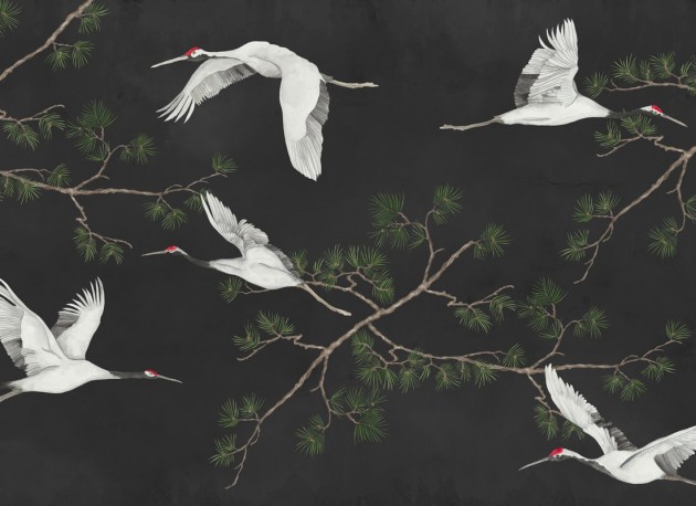 Rebel Walls R20336 Poetic Majestic Cranes Black - mural w ręcznie malowane żurawie