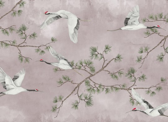 Rebel Walls R20335 Poetic Majestic Cranes Pink - mural w ręcznie malowane żurawie