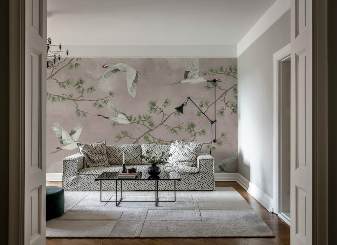 Rebel Walls R20335 Poetic Majestic Cranes Pink - mural w ręcznie malowane żurawie