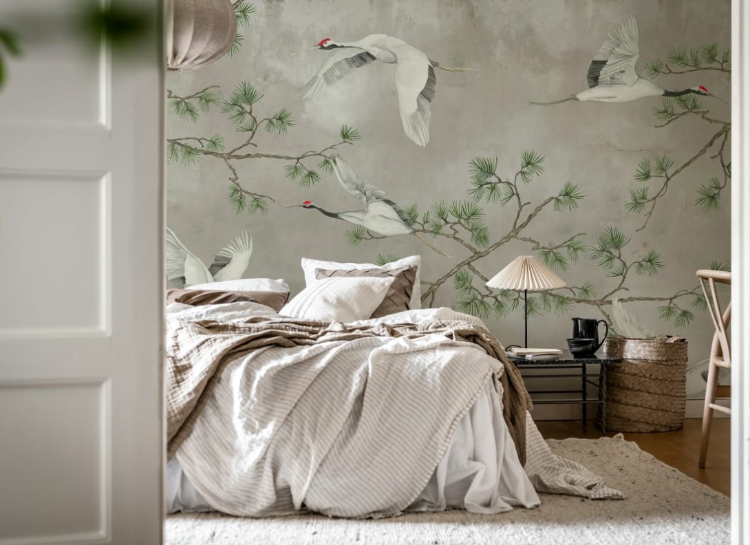 Rebel Walls R20334 Poetic Majestic Cranes Beige - mural w ręcznie malowane żurawie