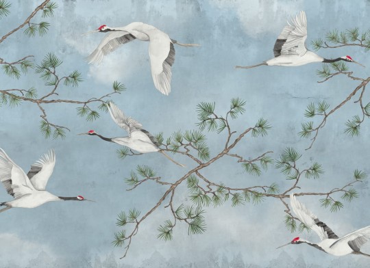 Rebel Walls R20333 Poetic Majestic Cranes Blue - mural w ręcznie malowane żurawie