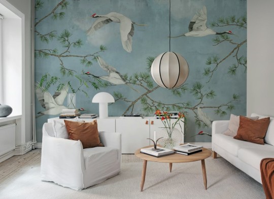 Rebel Walls R20333 Poetic Majestic Cranes Blue - mural w ręcznie malowane żurawie