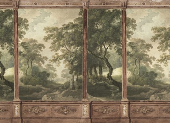 Rebel Walls R20324 Poetic Woodland Panels Green - mural imitujący panele ścienne z motywem lasu