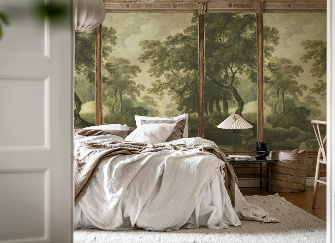 Rebel Walls R20324 Poetic Woodland Panels Green - mural imitujący panele ścienne z motywem lasu