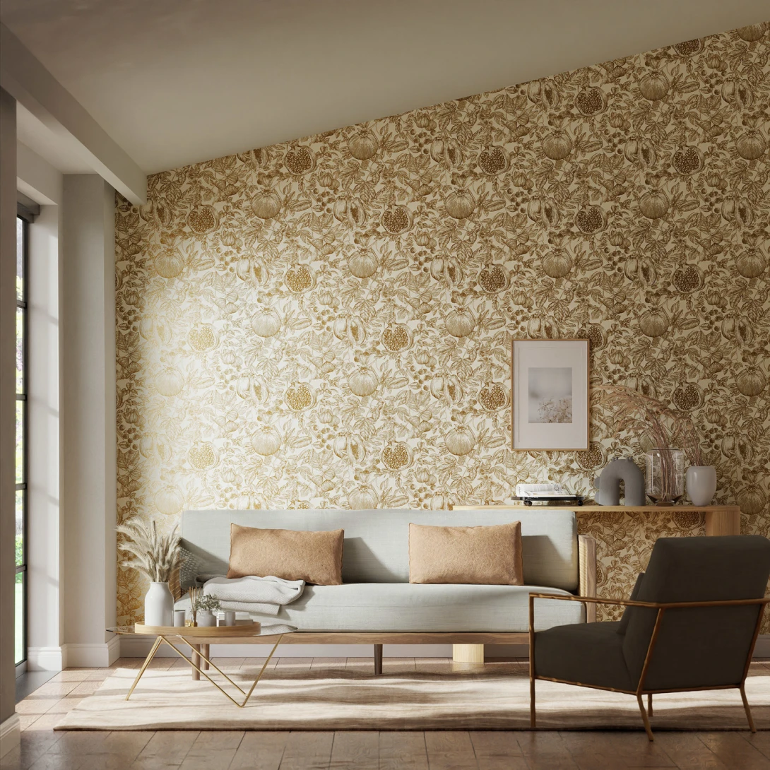 Harlequin 112925 Colour 3 Melograno Gold – tapeta z motywem rysowanych owoców