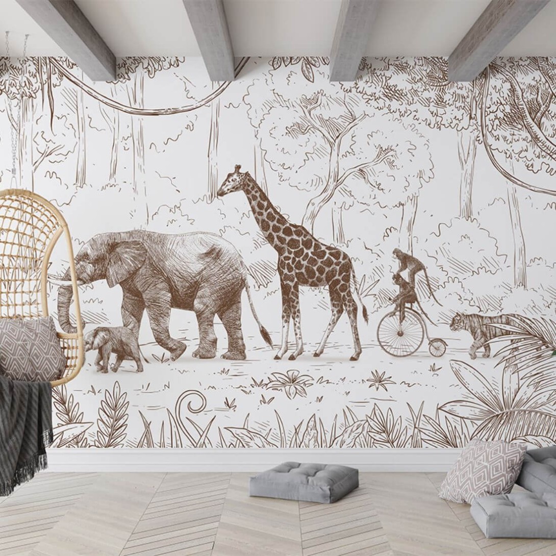 Pastelowelove Animal Parade Brązowy - mural dziecięcy w zwierzątka z safari