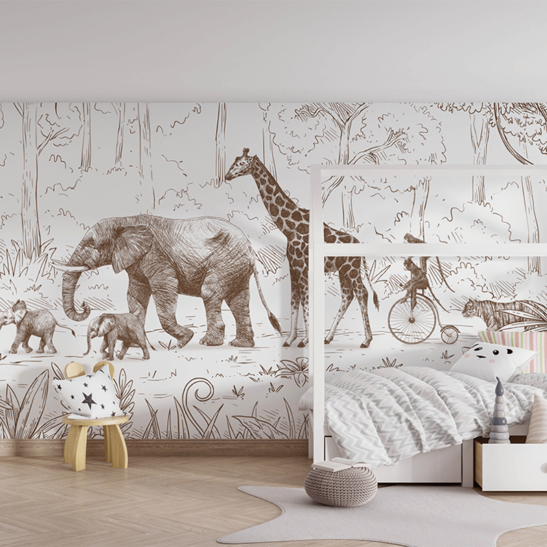 Pastelowelove Animal Parade Brązowy - mural dziecięcy w zwierzątka z safari