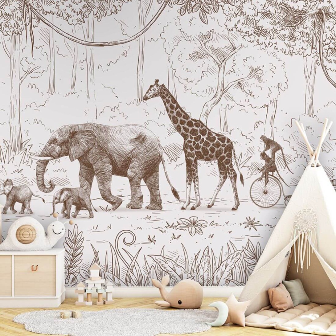 Pastelowelove Animal Parade Brązowy - mural dziecięcy w zwierzątka z safari