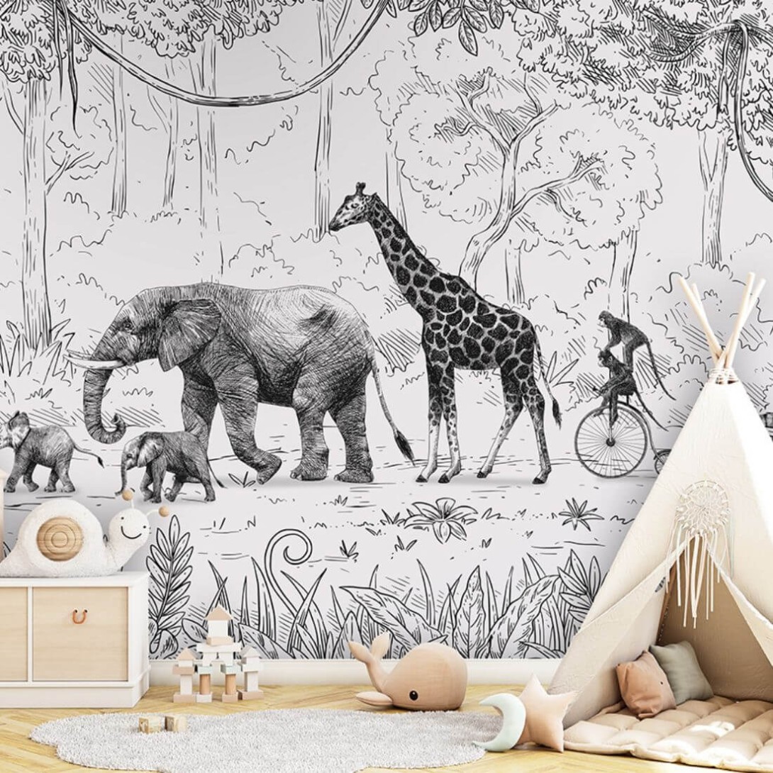 Pastelowelove Animal Parade Czarno-biały - mural dziecięcy w zwierzątka z safari