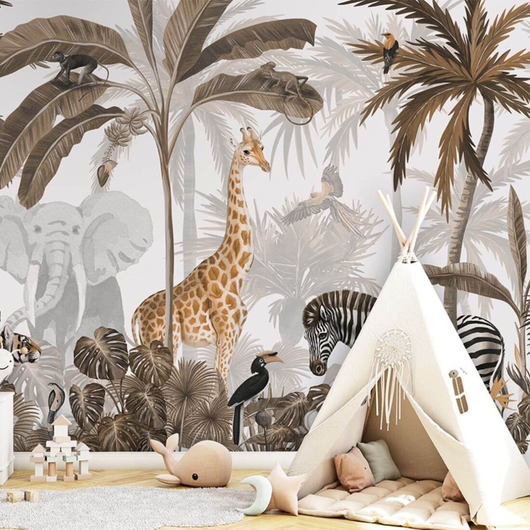 Pastelowelove Jungle Jive Sepia - mural dziecięcy w egzotyczne zwierzęta