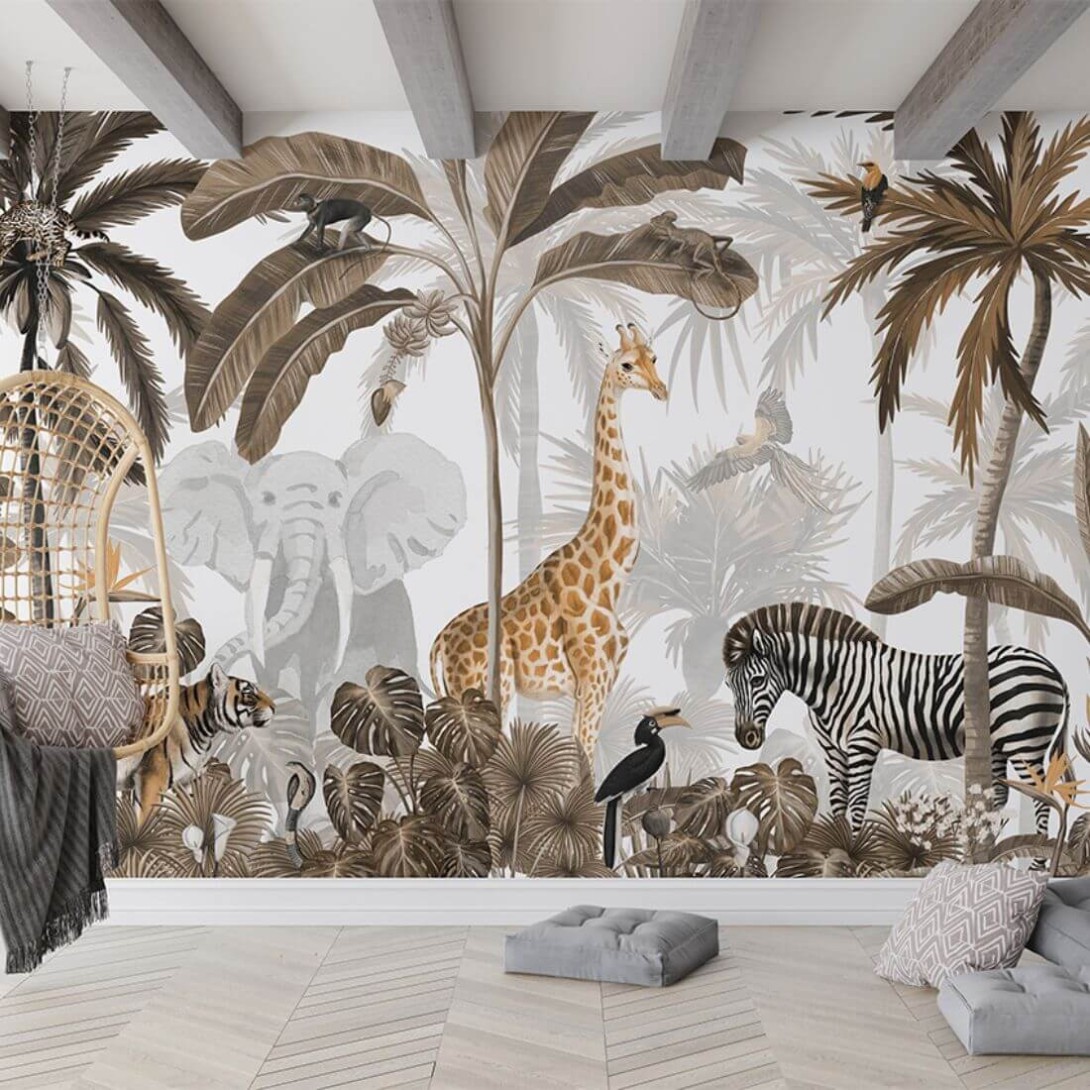 Pastelowelove Jungle Jive Sepia - mural dziecięcy w egzotyczne zwierzęta