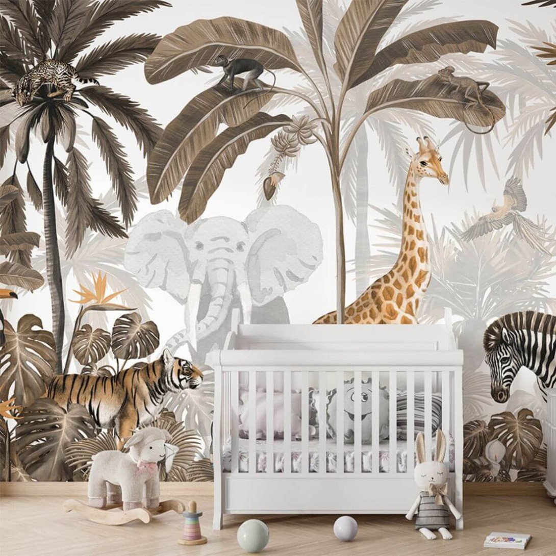 Pastelowelove Jungle Jive Sepia - mural dziecięcy w egzotyczne zwierzęta