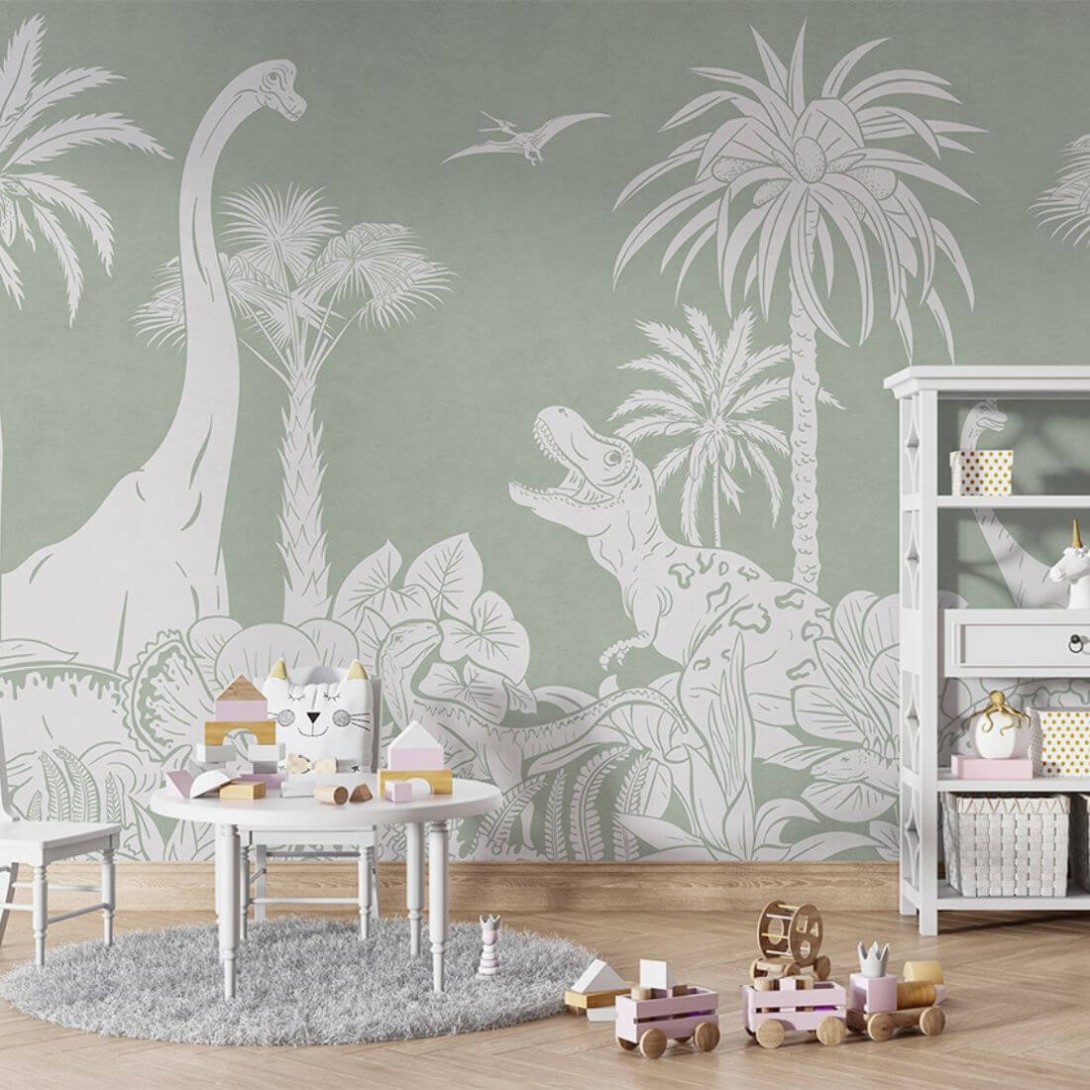 Pastelowelove Monochrome Dino Zielony - mural dziecięcy w dinozaury