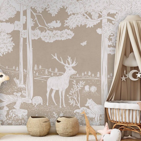 Pastelowelove Monochrome Forest Brązowy - mural dziecięcy w leśne zwierzęta