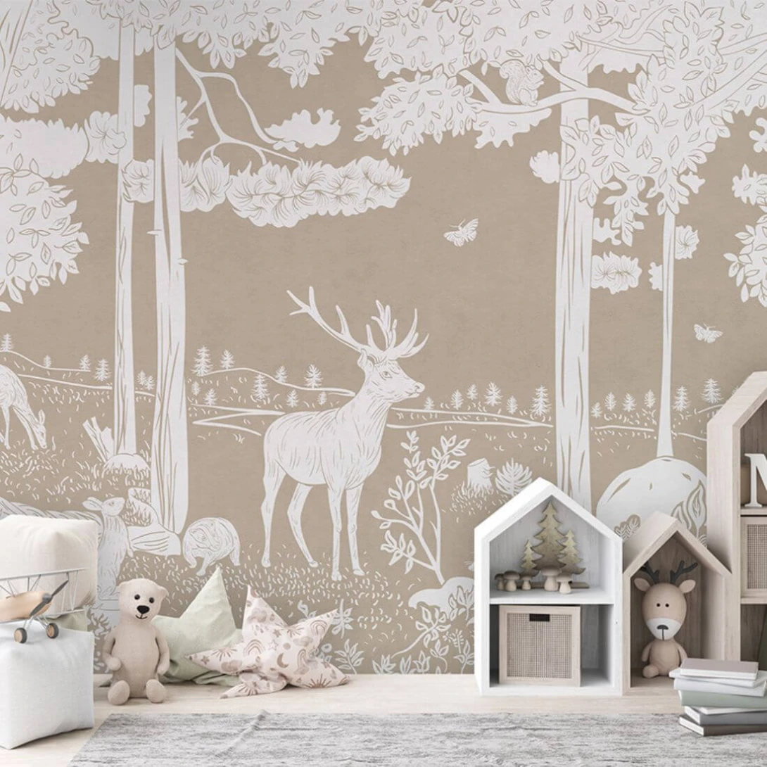Pastelowelove Monochrome Forest Brązowy - mural dziecięcy w leśne zwierzęta