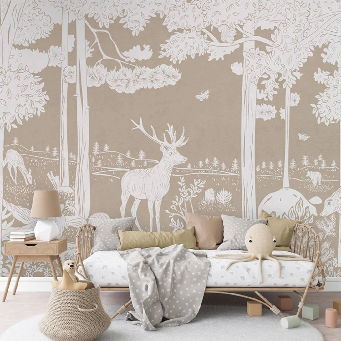 Pastelowelove Monochrome Forest Brązowy - mural dziecięcy w leśne zwierzęta