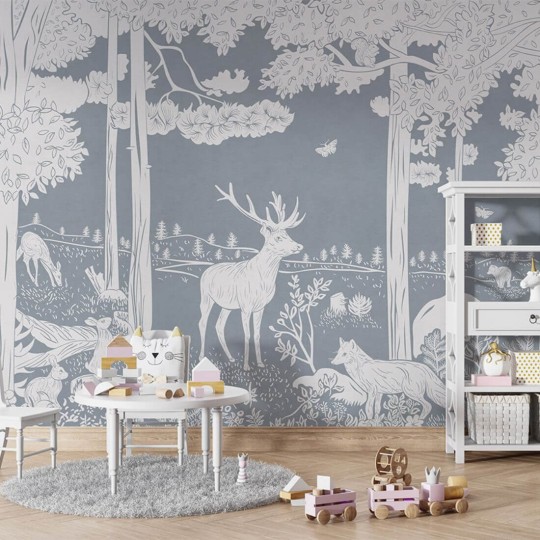 Pastelowelove Monochrome Forest Niebieski - mural dziecięcy w leśne zwierzęta