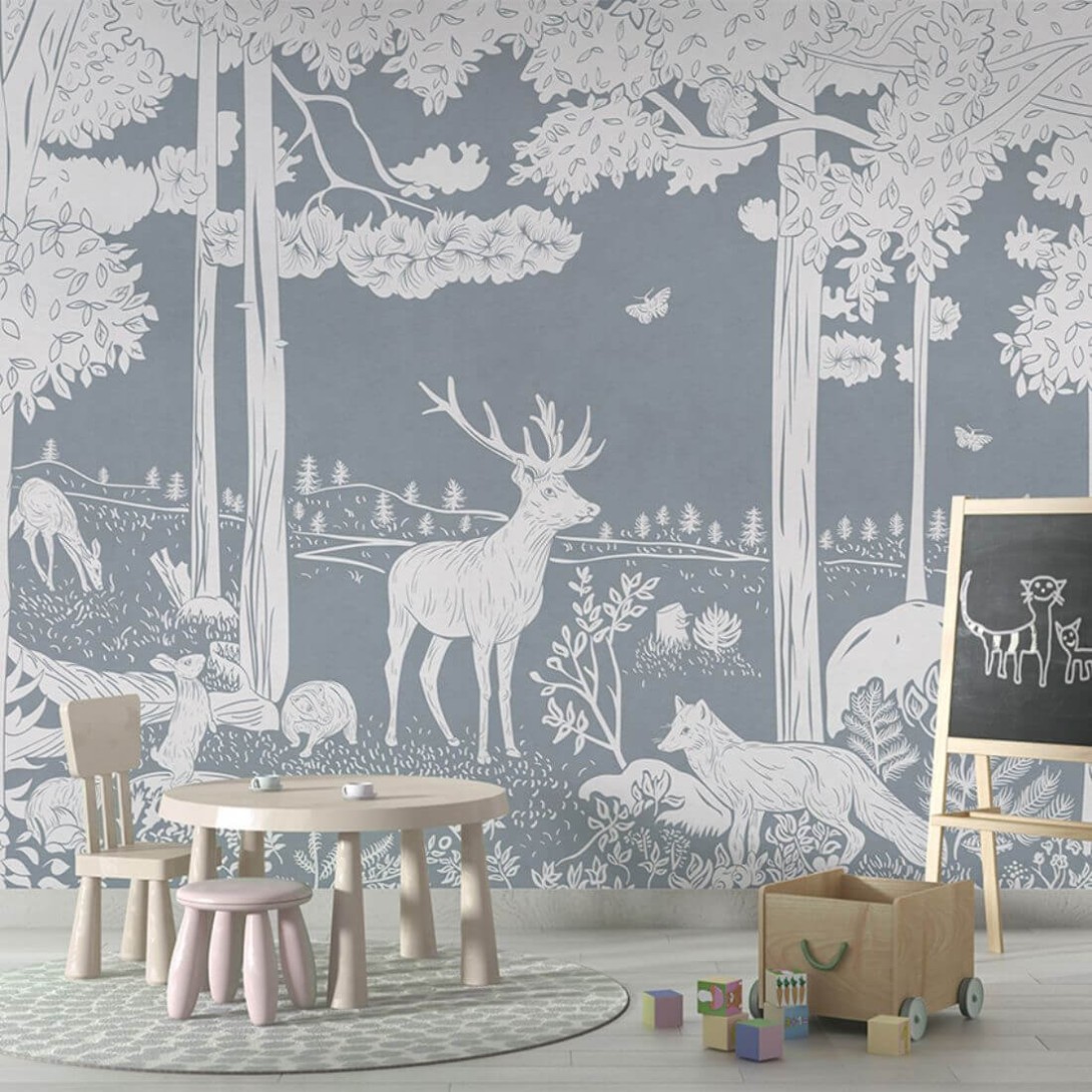 Pastelowelove Monochrome Forest Niebieski - mural dziecięcy w leśne zwierzęta