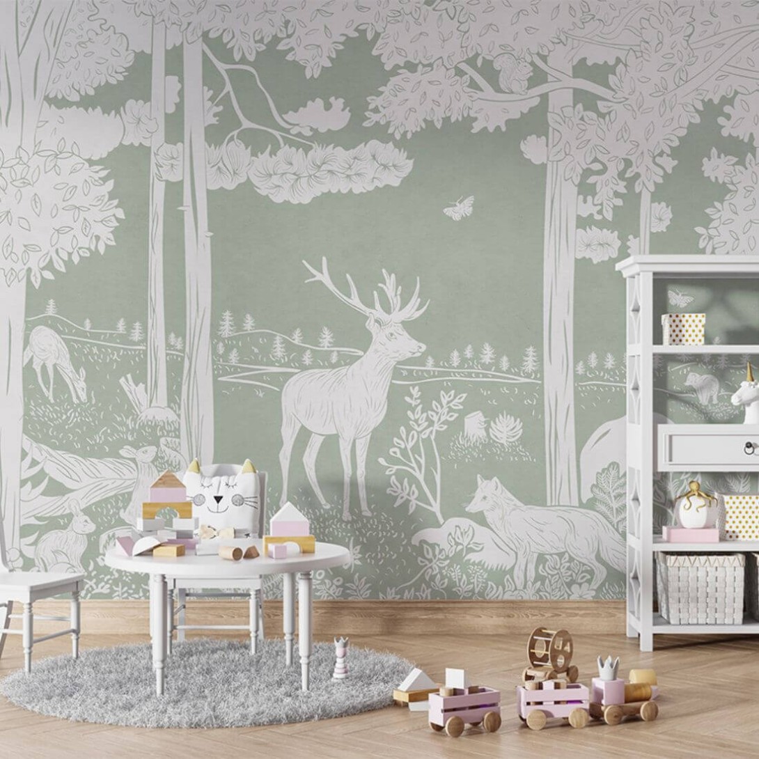 Pastelowelove Monochrome Forest Zielony - mural dziecięcy w leśne zwierzęta