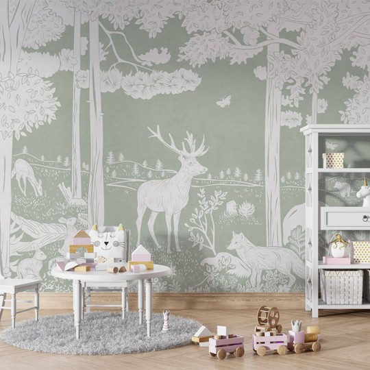 Pastelowelove Monochrome Forest Zielony - mural dziecięcy w leśne zwierzęta