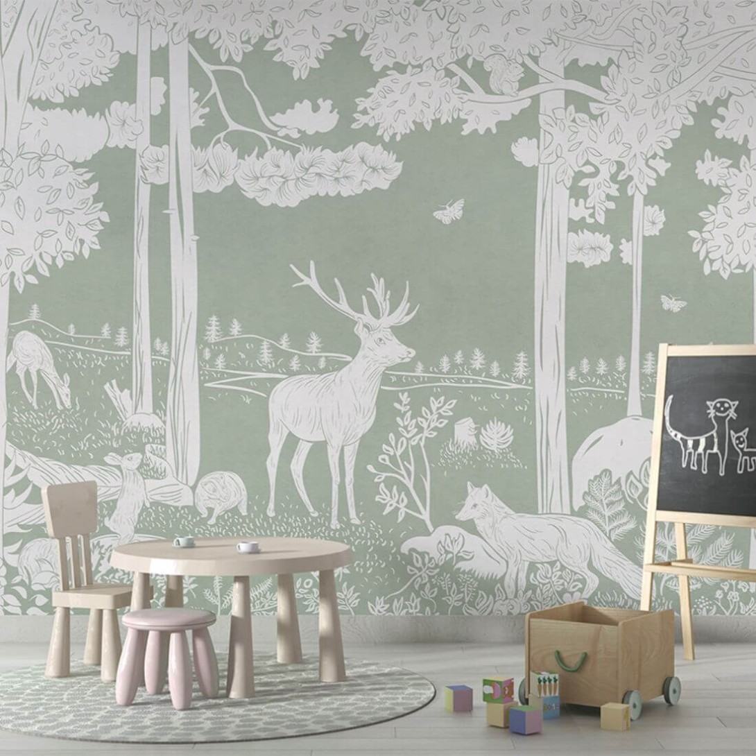 Pastelowelove Monochrome Forest Zielony - mural dziecięcy w leśne zwierzęta