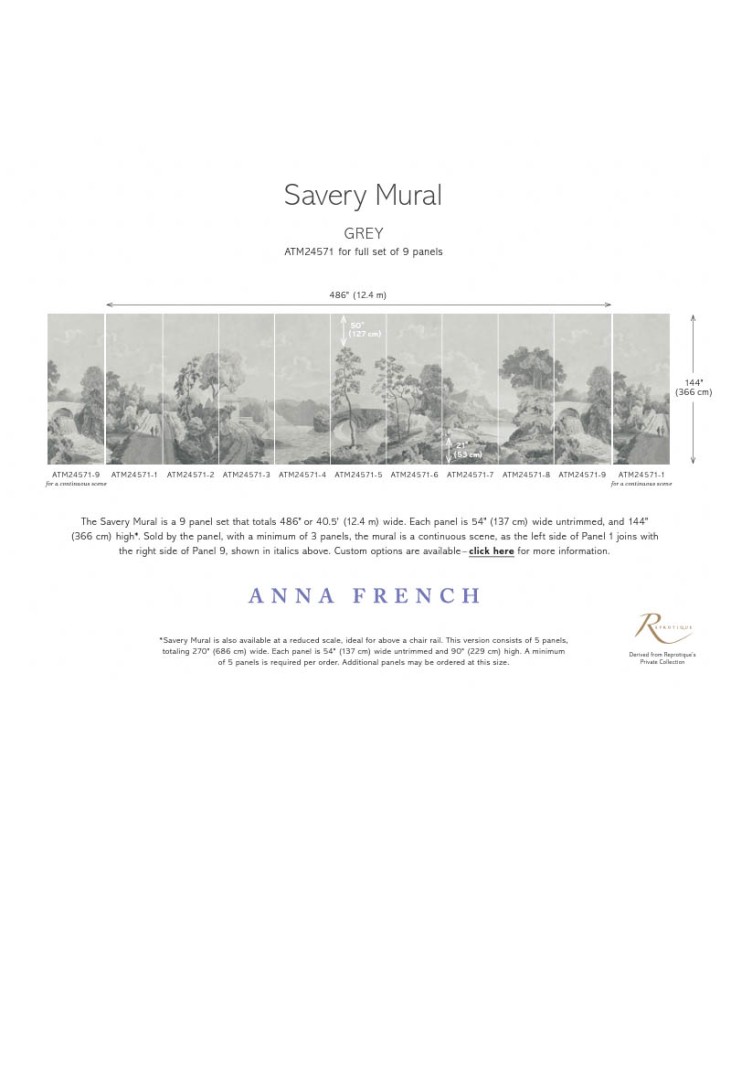 Anna French ATM24571-7 Devon Savery Mural Grey - mural w roślinny pejzaż