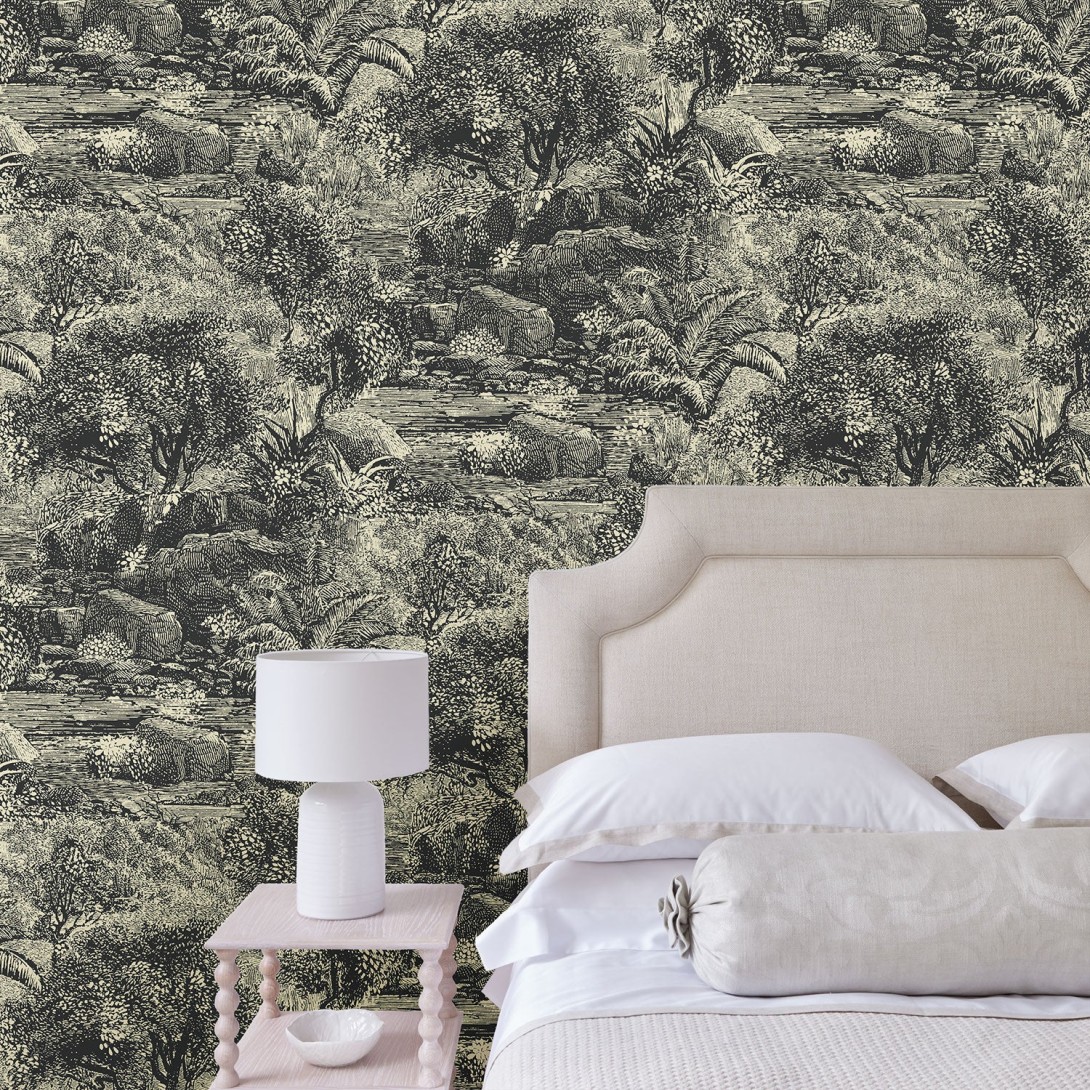 Linwood LW074/003 Island Paradise Charcoal - tapeta w leśny pejzaż