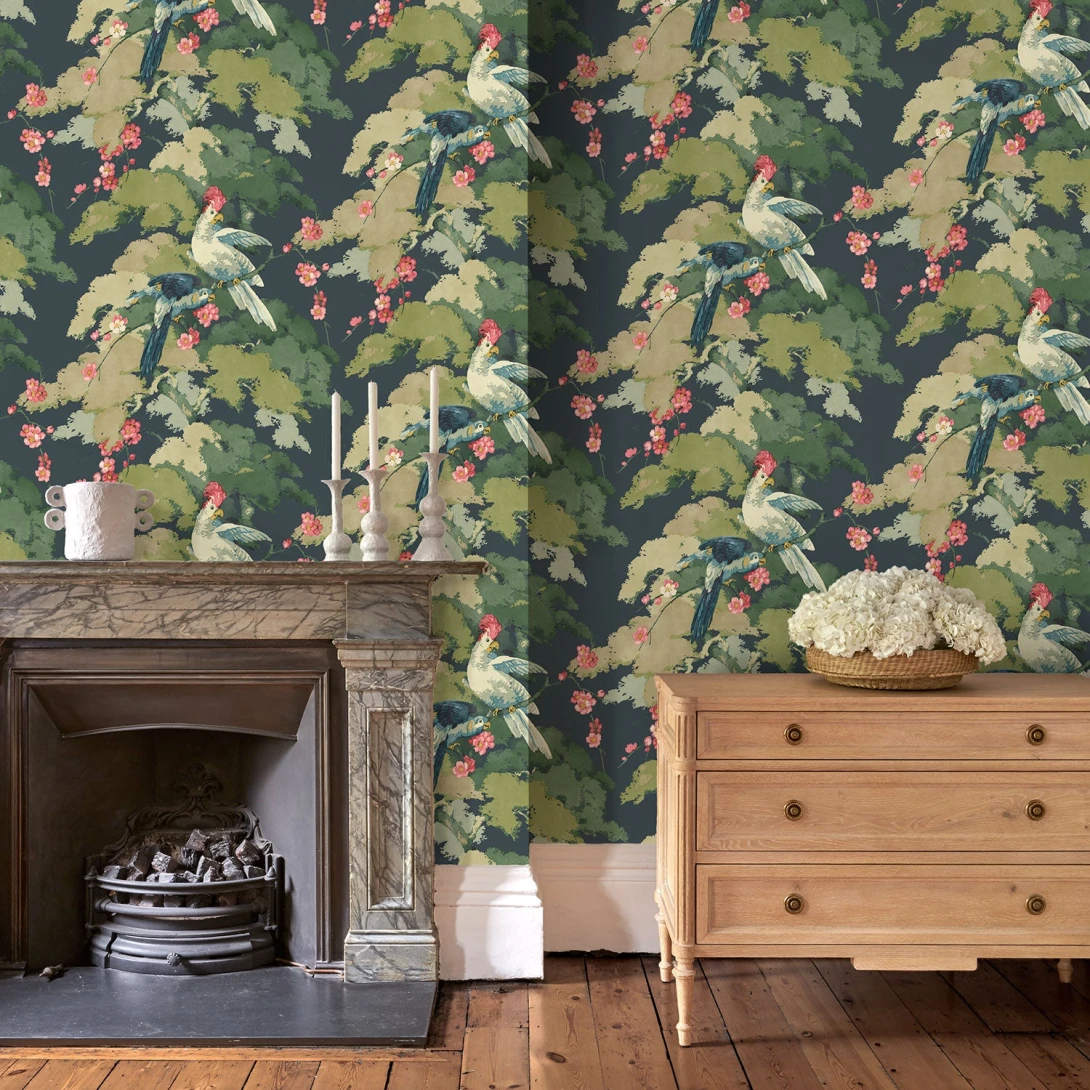 Linwood LW078/002 Jungle Jive Midnight - tapeta w papugi i kwiaty