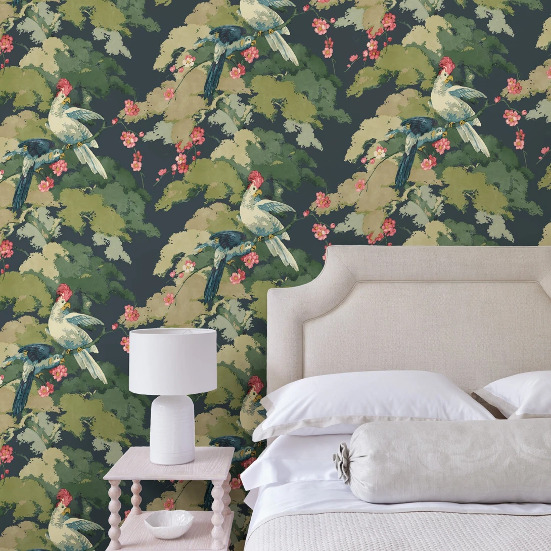 Linwood LW078/002 Jungle Jive Midnight - tapeta w papugi i kwiaty
