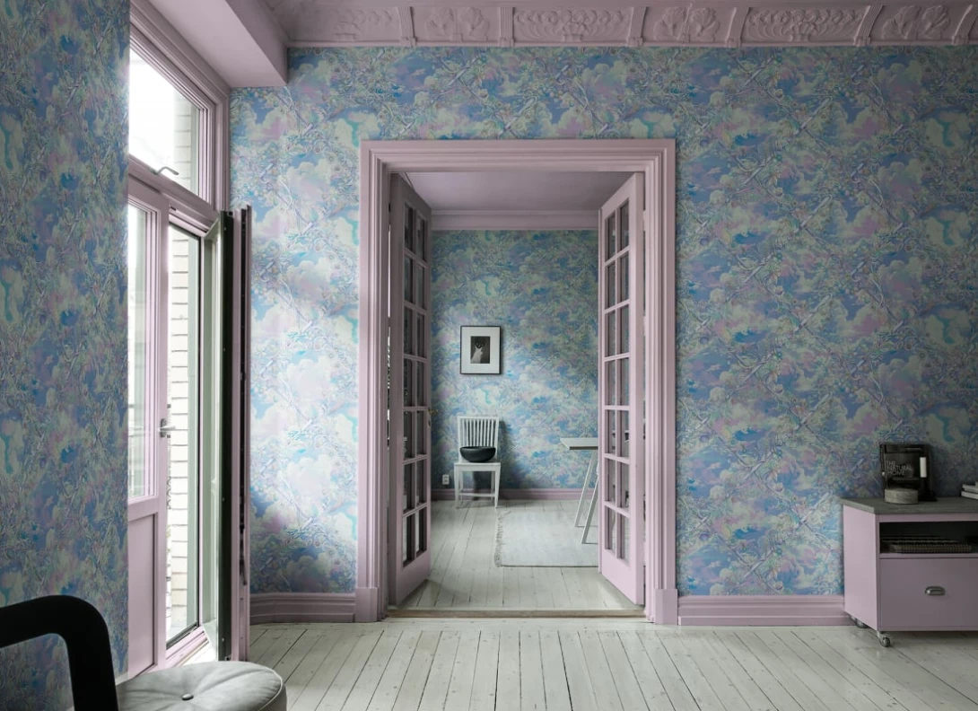 Rebel Walls R21030 Sam Wilde Babylon Sky Lilac - mural w roślinną kratkę