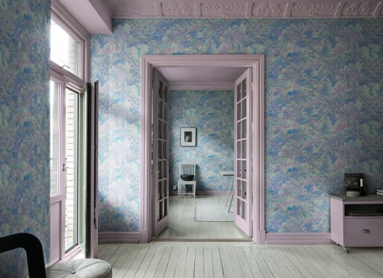 Rebel Walls R21030 Sam Wilde Babylon Sky Lilac - mural w roślinną kratkę