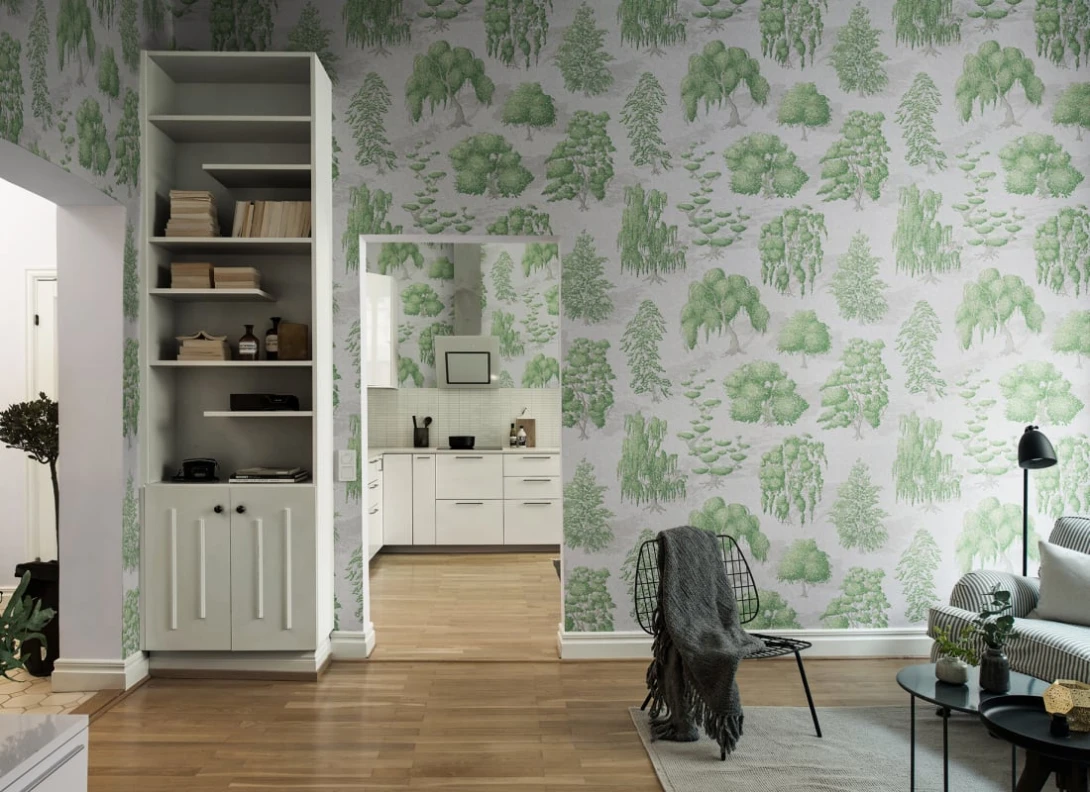 Rebel Walls R21044 Sam Wilde Yggdrasil Forest Light Green - mural w drzewa