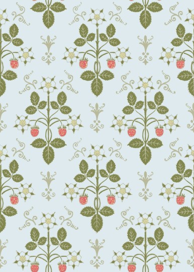 Cole & Son 127/2009 Classics Collection Vol. I Strawberry Olive on Print Room Blue – tapeta roślinna w truskawki